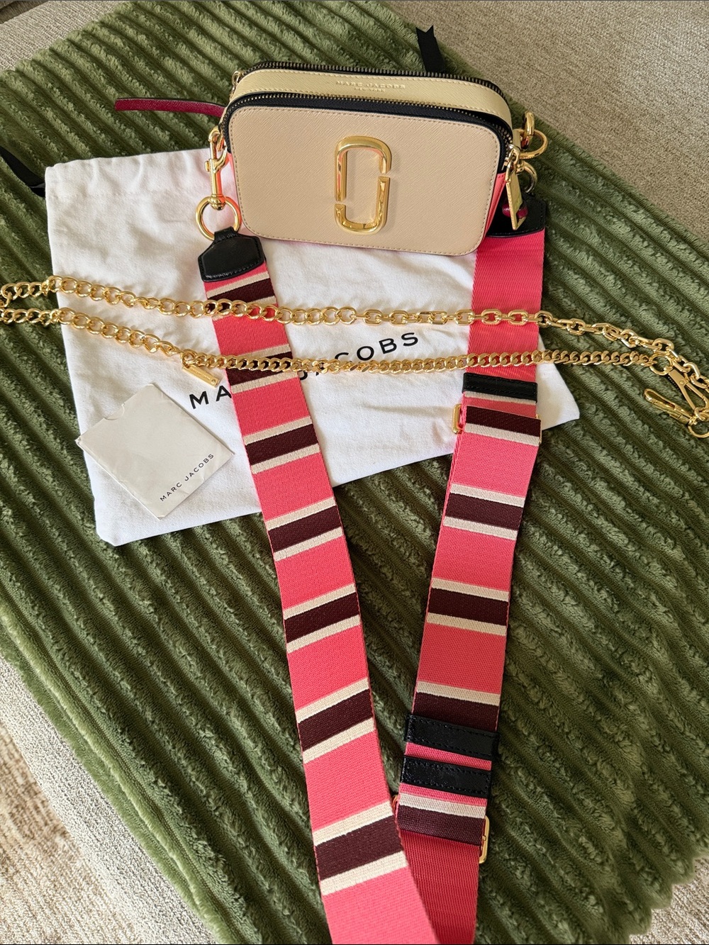 Marc Jacobs Cream Camera Bag with Pink Striped Webbing and Gold Chain Handle